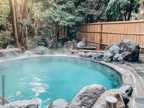 Relaxation in a serene hot spring surrounded by lush greenery and natural stones at a tranquil spa retreat during a peaceful day