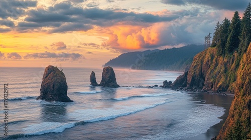 A stunning coastal landscape featuring towering rock formations surrounded by waves gently lapping against the shore at sunset. The sky is painted with warm orange and pink hues, contrasted by the coo