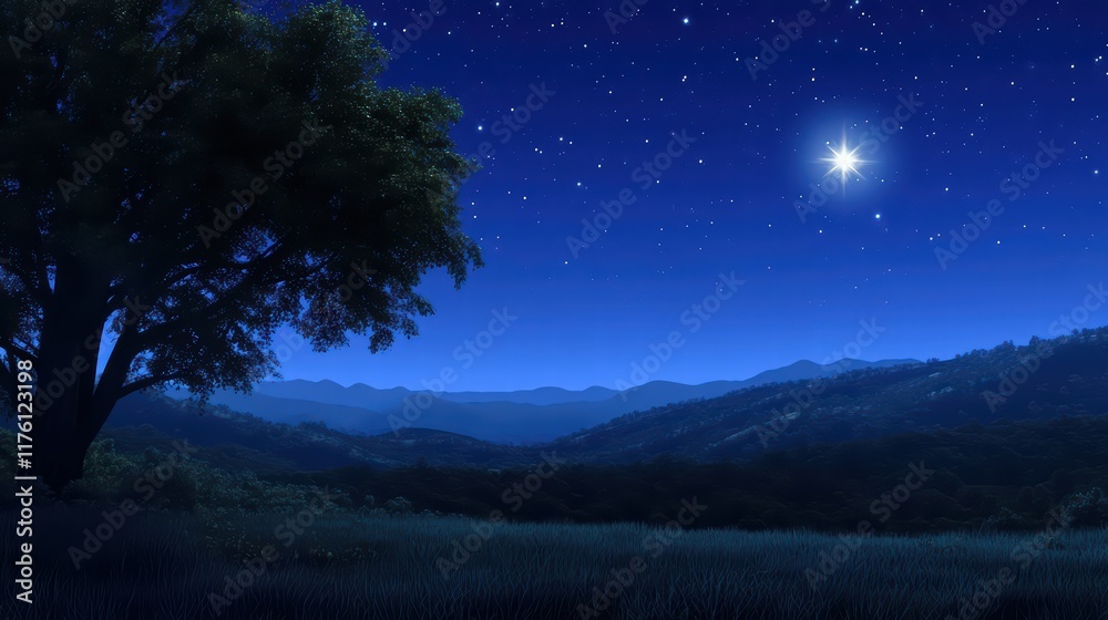 Fototapeta premium Serene Night Sky Over Rolling Hills with Bright Star and Tree