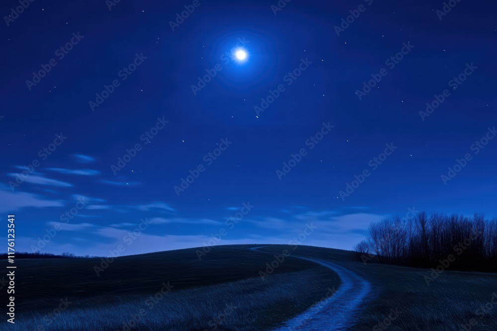 Fototapeta premium Serene Night Landscape with Moonlight and Starry Sky in Blue