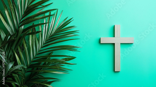 Christian cross on turquoise, accompanied by palm leaves. Holy Week