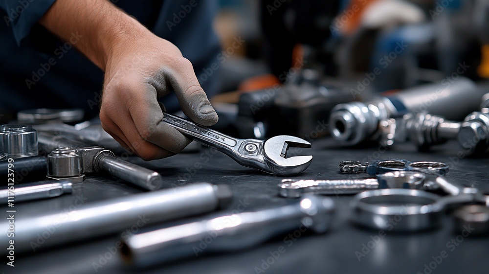 Mechanic holding adjustable wrench in workshop. Mechanic holding adjustable wrench in workshop.
