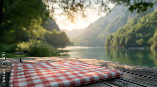 Wooden table with red and white checkered napkin, in the background river surrounded by mountains in the blur photo