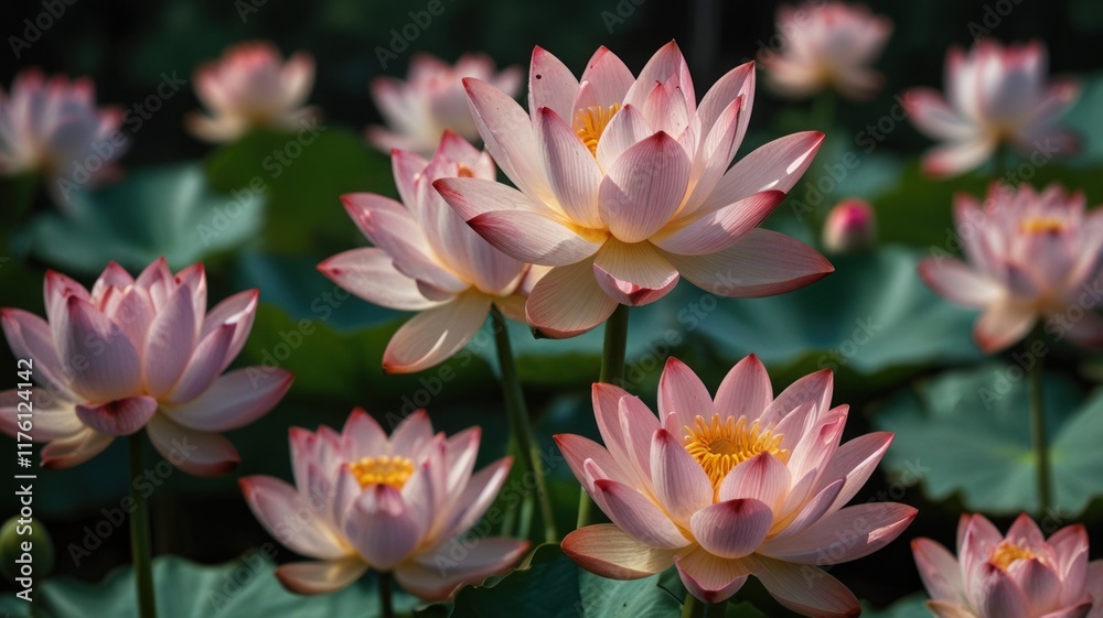 Close-up of pink lotus flowers in bloom. Close-up of pink lotus flowers in bloom.