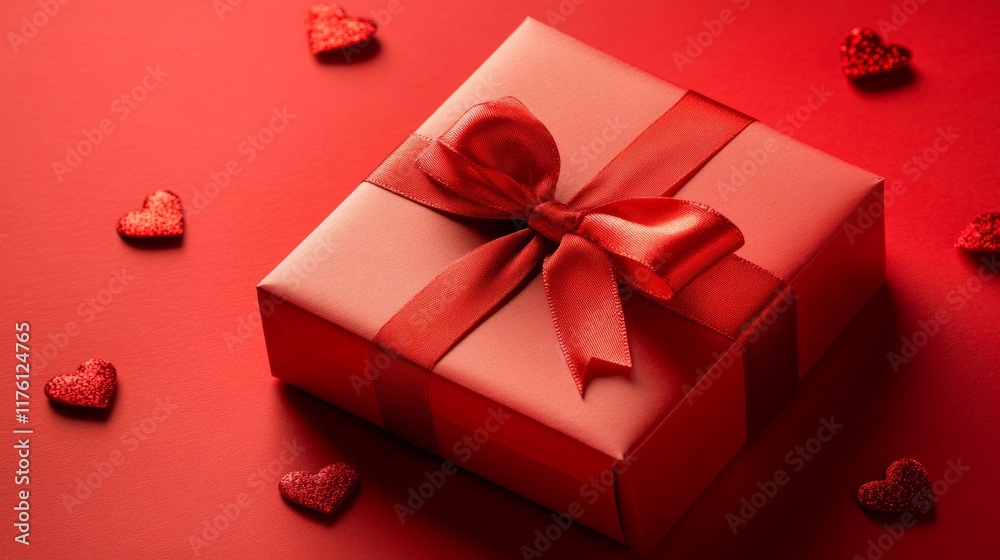 Obraz premium Gift-wrapped red box with hearts scattered on a bright red background for a romantic occasion