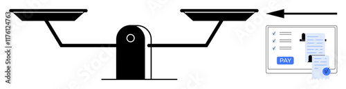 Balanced scale, pointing arrow, digital transaction interface with PAY button. Ideal for financial decisions, cost-benefit analysis, digital payment, weighing options, economic balance, transaction