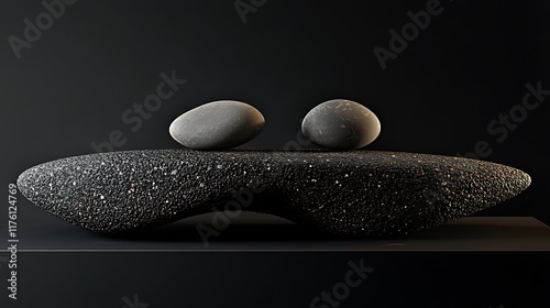 Generative art featuring a serene balance of stones on a black plank atop a round rock