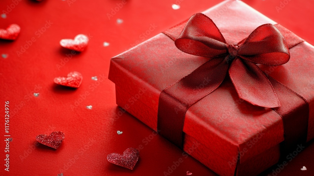 Obraz premium Gift box decorated with a bow and heart-shaped confetti on a red background for special occasions