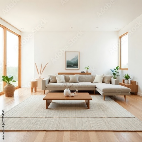 Wallpaper Mural a bright and contemporary living room that emphasizes simplicity and comfort. Sofa. Coffee Table. Lighting. Rug.  Decorative Plants. Artwork. Accent Chair

 Torontodigital.ca