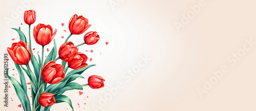 Bouquet of red tulips on background with space for text