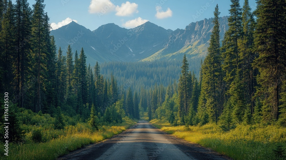 A serene road through a lush forest, leading to majestic mountains under a blue sky. A serene road through a lush forest, leading to majestic mountains under a blue sky.