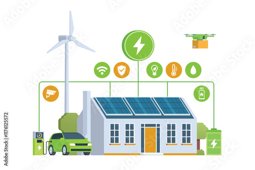 Modern Smart Home with Renewable Energy. Solar Panels, Wind Turbines, and Electric Vehicle. Green Concept. Editable Vector Illustration