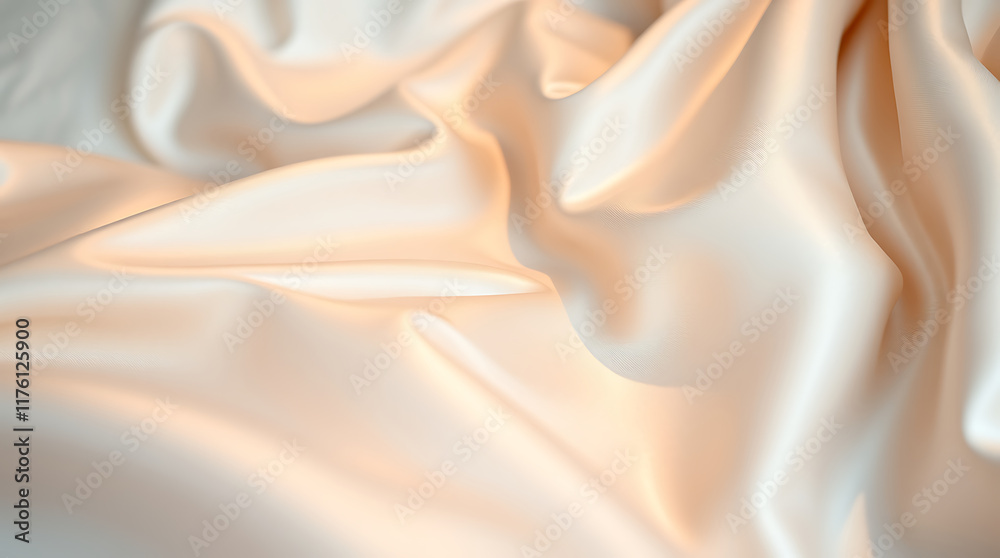 Obraz premium Close-up view of draped, off-white satin fabric. The image shows soft folds and gentle light reflections on the smooth, lustrous surface of the material. The color is a consistent, pale creamy tone.