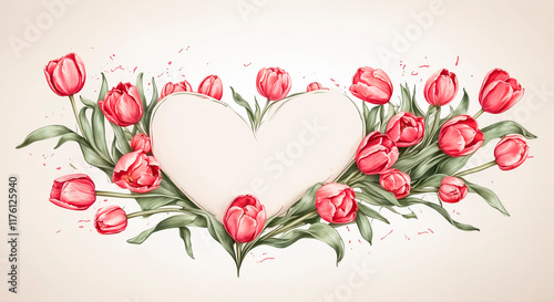 White heart with red tulips