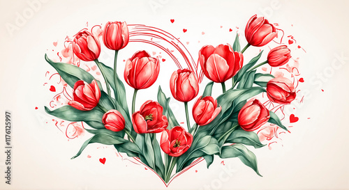 Bouquet of red tulips in the shape of a heart
