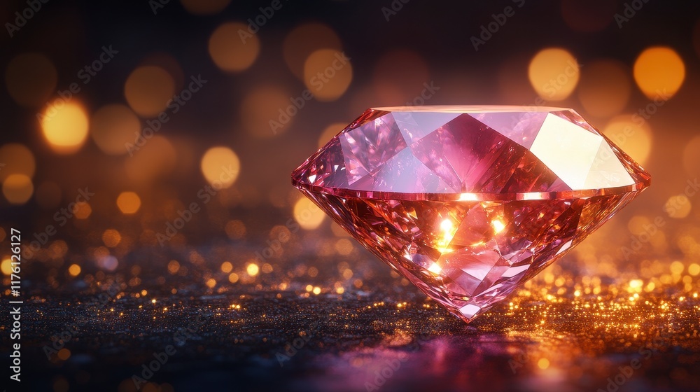 Sparkling pink diamond gemstone on dark background with bokeh lights. Sparkling pink diamond gemstone on dark background with bokeh lights.