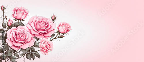 Illustration of delicate pink roses on background with copy space