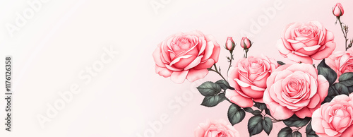 Illustration of delicate pink roses on background with copy space	