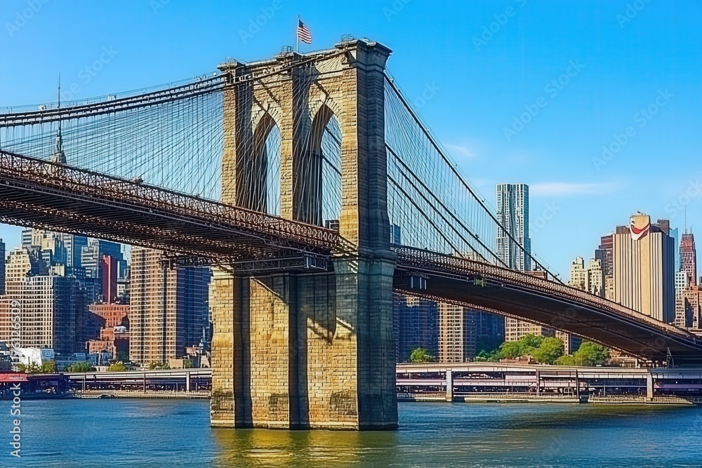 Fototapeta premium Brooklyn Bridge, NYC Skyline, Sunny Day, Cityscape.