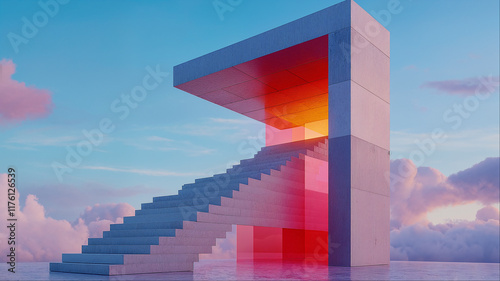 Retro pixel art architectural structure against dreamy sunset sky, synthwave aesthetic composition