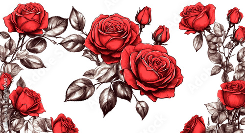 Illustration of blooming red roses on a light background. 