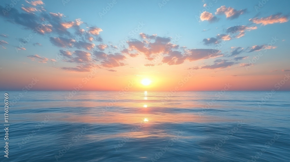 Fototapeta premium A serene sunset over calm ocean waters, reflecting vibrant colors in the sky.