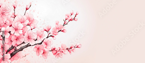 Branch of blooming pink sakura on a light pink background with space for text