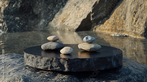 Generative art featuring balanced stones on a black plank atop a circular rock in daylight