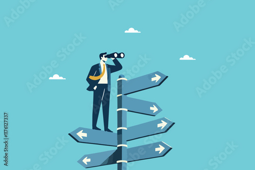 Focused on the Future, A Clever Businessman Discovering Game-Changing Solutions Through a Binoculars Perspective