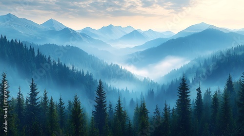 Misty mountain range, pine forest, sunrise, scenic view, nature, outdoor, tranquil, inspiring, wallpaper
