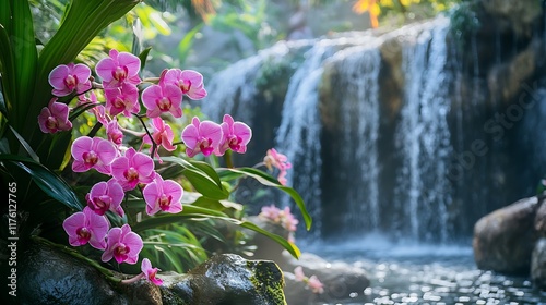 Serene Waterfall with Orchids