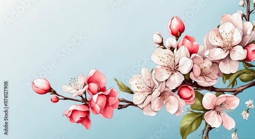 Drawing of a blossoming apple tree branch on a light blue background