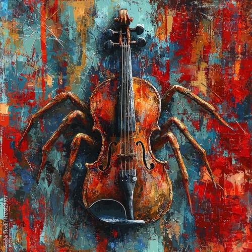 unique illustration features vibrant spider playing violin its front legs. Sharp angular shapes are combined bold colors on abstract web backdrop. photo