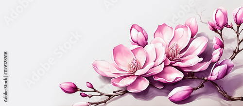 Lilac blooming magnolia branch on a light background	