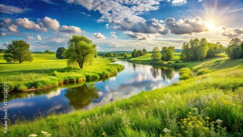 Summer Landscape with Meadows and River,, summer vibes