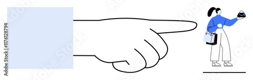 Giant hand points at woman holding shopping bags and sushi, signifying influence on consumer choices. Ideal for marketing, consumer behavior, retail, decision making, influence, direction, guidance