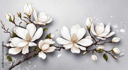 Branch of delicate white magnolia flowers