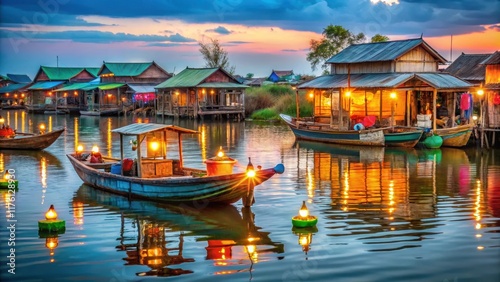 Ancient wooden boats adorned with colorful lanterns gently bob on the water's surface in Komprongpok Village, Tonle Sap Lake, Cambodia, Tonle Sap Lake, floating village photo