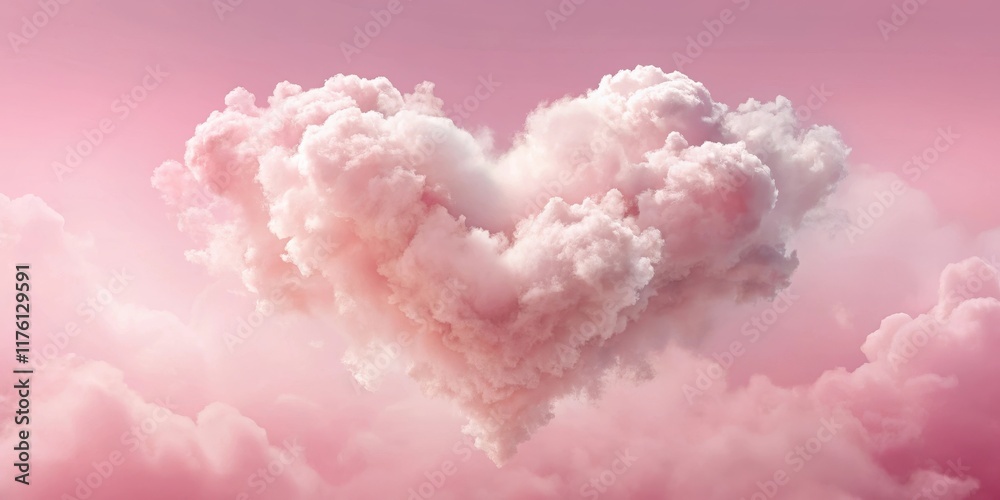 Fototapeta premium Whimsical Heart-Shaped Clouds Over a Pastel Pink Background, illustration, joyous, illustration, joyous, serene