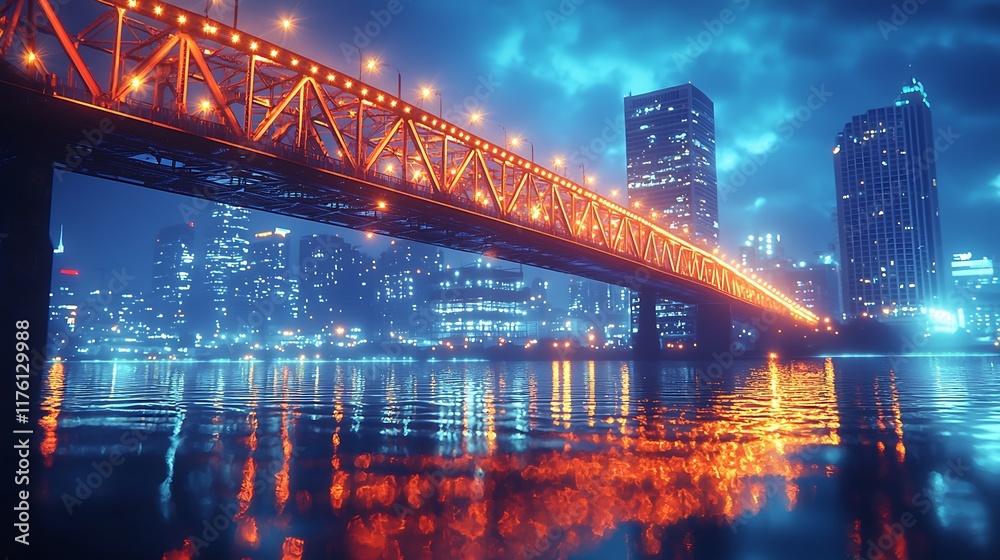 Naklejka premium Night city bridge over river, colorful lights reflecting. Possible stock photo use