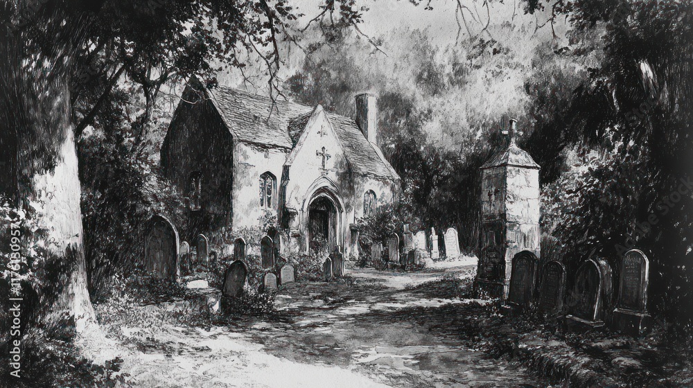 Fototapeta premium A rural churchyard with old military graves, evocative black-and-white sketch