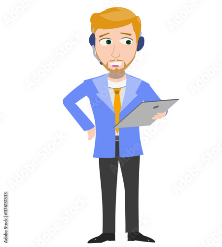 Cartoon Helpline Operator Holding Tablet