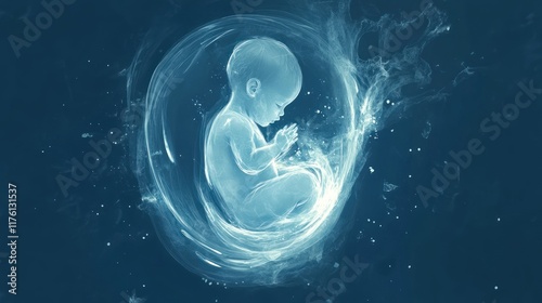 Fetus Baby floating in mother's abdomen, CT scan view with blue background shows the condition of the fetus and early life