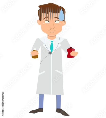 Cartoon Worried Doctor Holding Medicine and Blood Bag