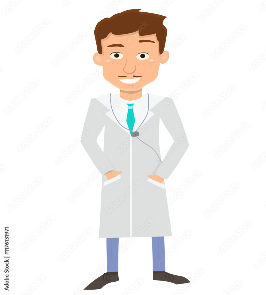 Happy Cartoon Doctor with Hands in Pockets Smiling Happy Cartoon Doctor with Hands in Pockets Smiling