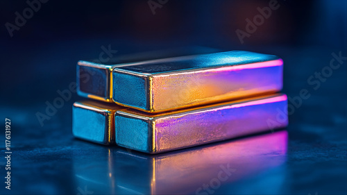 Shiny gold bullion bars with rainbow reflections, Modern financial store of value commodity and financial security concept