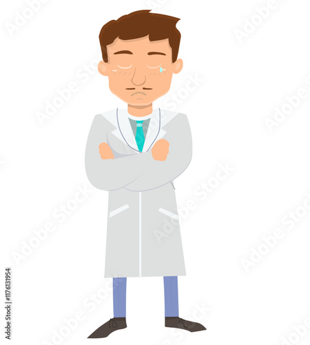 Sad Cartoon Doctor with Arms Crossed and Tear