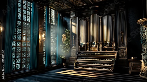 Sunlit Grand Organ in a Gothic Revival Interior: 3D Render AI Generated