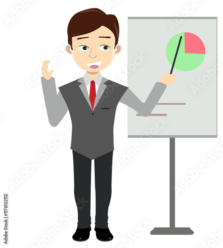 Cartoon Businessman Presenting Pie Chart on Flip Chart