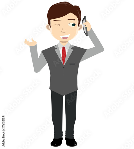 Cartoon Businessman Talking on Smartphone with a Wink